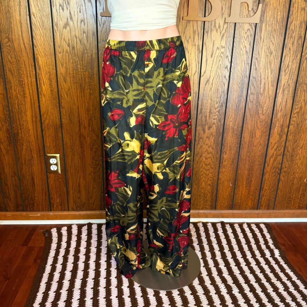 Mims Cole Silk Pants Womens 6 Multicolor Floral Wide Leg Elastic Waist Tropical